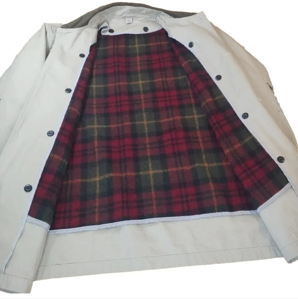 Vtg Chore Barn Coat Canvas Cargo Jacket Khaki Pockets Wool Blanket Lined Large